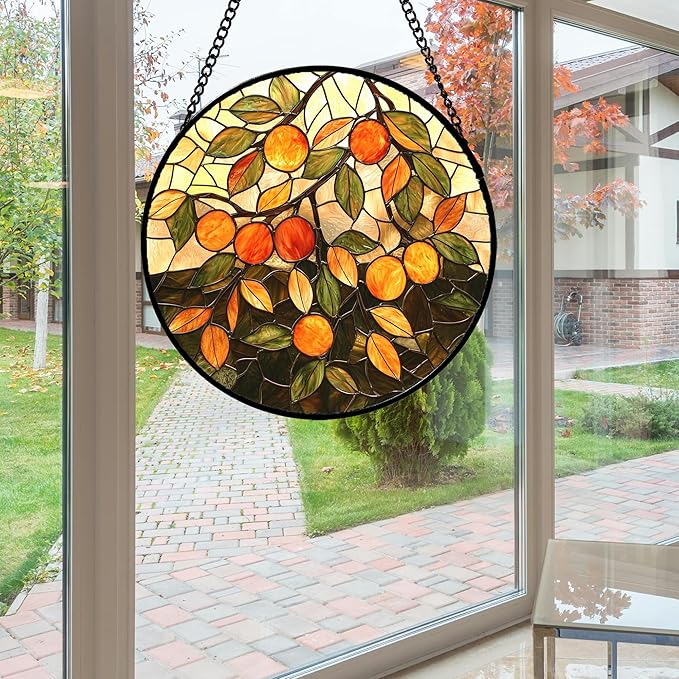 AMDERVEN Stained Glass Suncatcher, Orange Green Fruit Tree Sun Catcher Landscape Stain Glass Window Hanging Decoration Mother's Day Birthday Gifts for Women Men Mom Nana 9.8 in