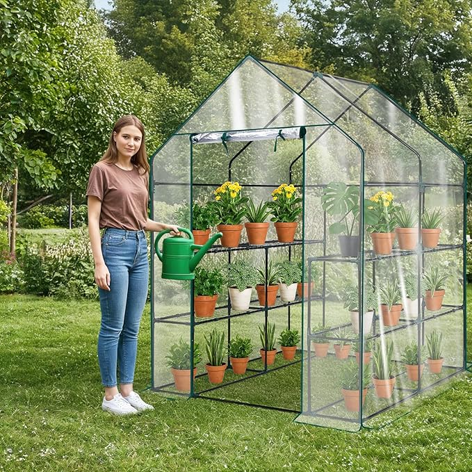 Outvita Walk-in Greenhouse, Outdoor Durable PVC Plant Green House for Frost Protection with 3 Tiers 8 Shelves, Shelf Clips, Roll-up Zipper Door, 56"x56"x77" Transparent