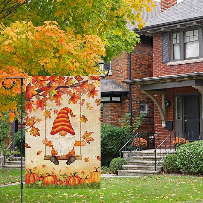 Heyfibro Fall Gnome Welcome Garden Flag 12x18 Double Sided Burlap, Autumn Pumpkin Maple Leave Yard Flags for Thanksgiving Rustic Farmhouse Seasonal Outside Outdoor Decoration (ONLY FLAG)