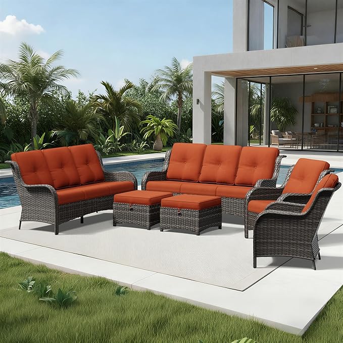 Joyside 6 Piece Wicker Patio Furniture Set, Rattan Patio Chairs with High Back, Deep Seating, Wide Armrest, Thickened Cushions, Outdoor Furniture for Deck, Porch Use