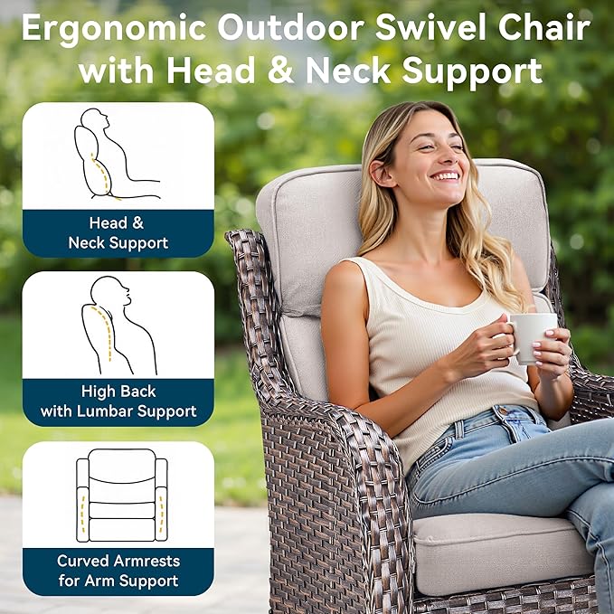 Luxury High Back Outdoor Furniture with 6-Inch Thick Cushions, Patio Furniture Set with Swivel Chairs, 7 PCS Wicker Conversation Set for Porch, Balcony, Deck and Yard