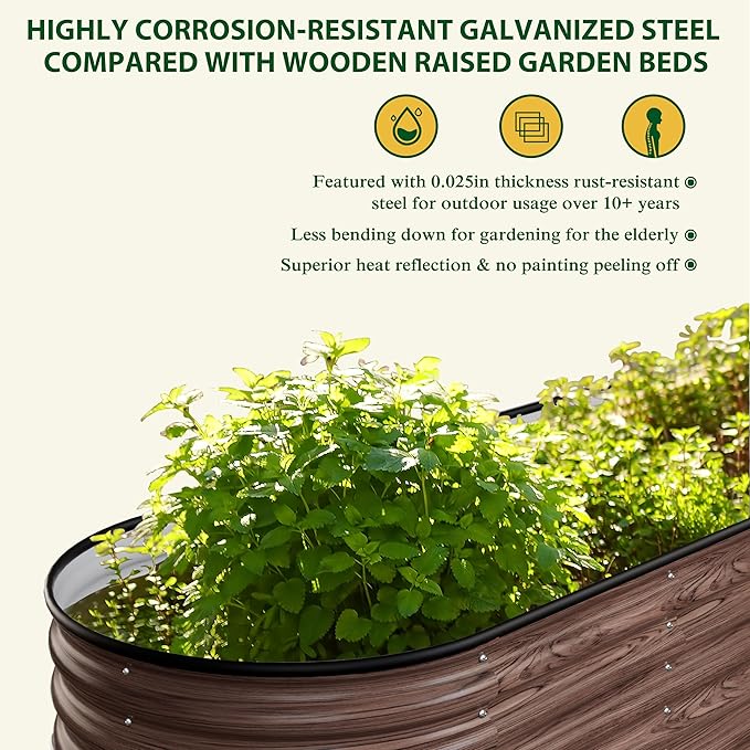 BlueWish 8x2x1.4FT Metal Galvanized Raised Garden Bed, 17’’H Wood Grain Raised Garden Bed, 9 in 1 Modular Planter Box Raised Bed for Gardening Plants Flowers, Rustic