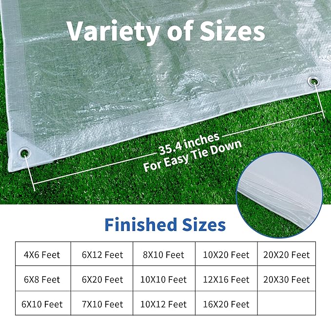 TARPAL Semi Clear Tarp 6x10ft Small Tarp Waterproof Clear Plastic Tarps with Grommets and Reinforced Edges for Patio,Porch and Outdoor Plant,Chicken Coop,Garden,Cat Litter