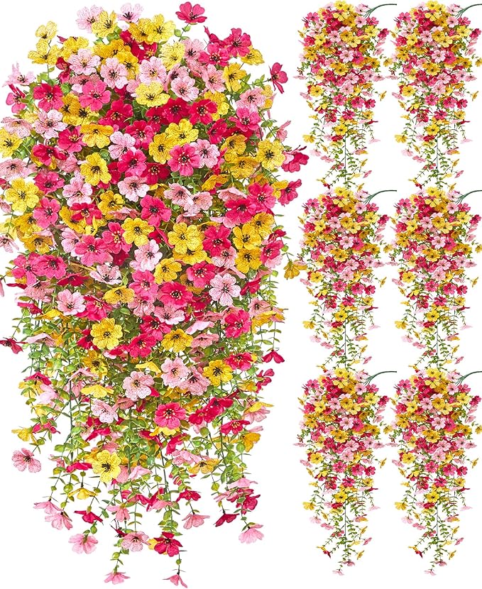 Serwalin 6PCS Artificial Fall Flowers for Outdoors Decoration, Realistic Silk Artificial Fall Hanging Flowers for Patio, Garden, Porch, Window, Outside (Yellow, Hot Pink & Pink,6PCS)
