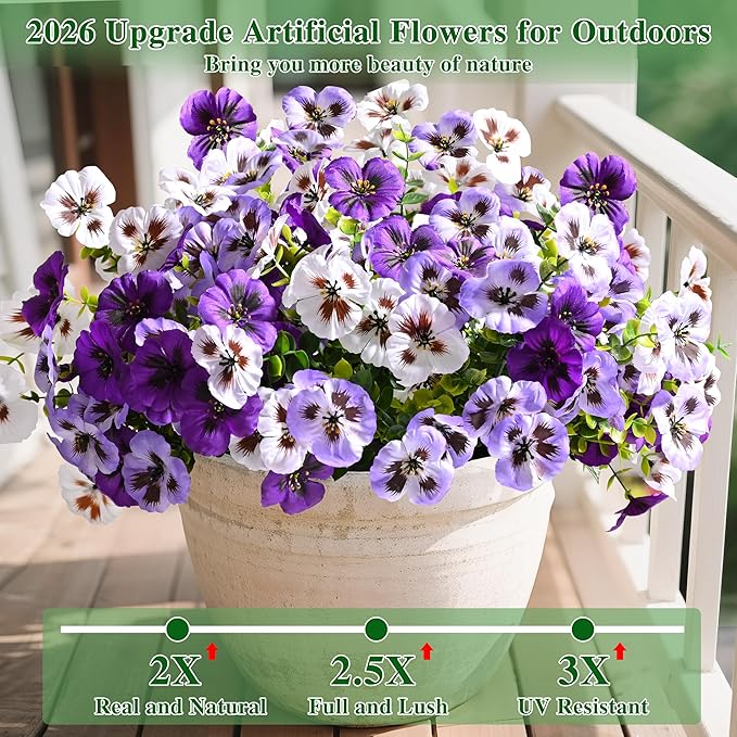 Waipfaru 20 Bundles Artificial Pansy Flowers for Outdoor, UV Resistant Faux Silk Flowers for Outdoor Planters Front Door Porch Yard Patio Window Box Home Decor (White, Purple, Light Purple)