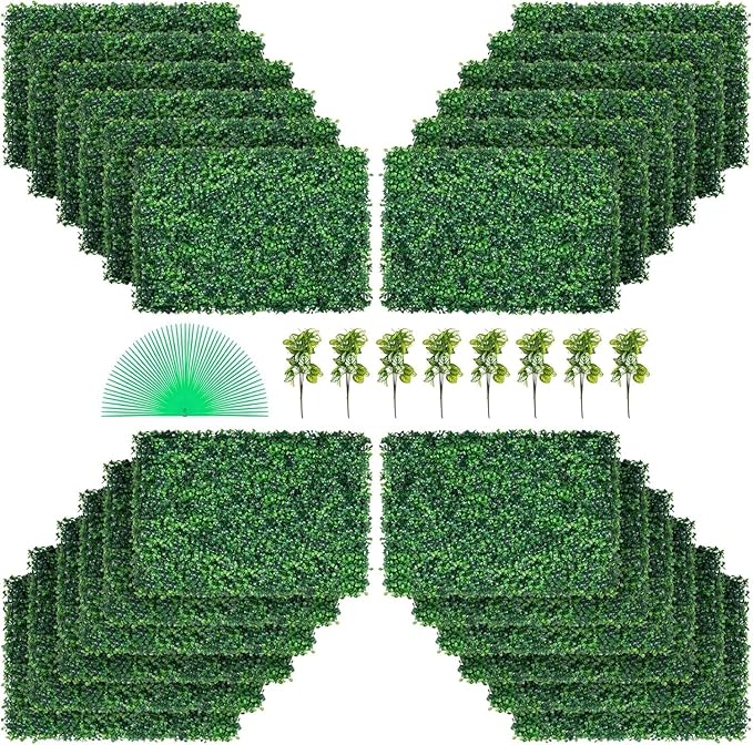 VEVOR 24PCS Artificial Boxwood Panels, 24 x 16 in 1.6 in Sun Protected Boxwood Hedge Wall Panel, Green Fake Grass Backdrop Wall for Privacy Fence Decor Indoor Outdoor Garden Backyard