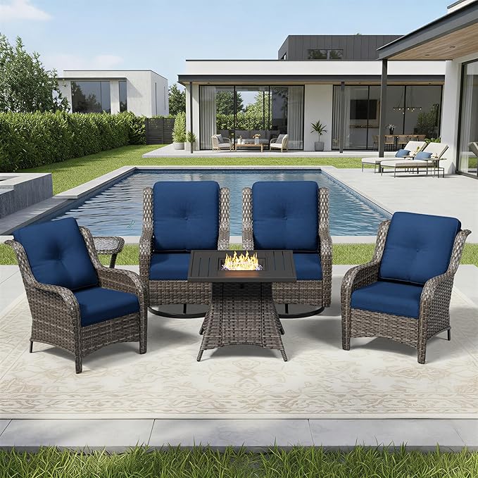 Joyside 6 Piece Wicker Patio Furniture Set with Fire Pit Table, Rattan Patio Chairs with High Back, Deep Seating, Wide Armrest, Thickened Cushions, Outdoor Furniture for Deck, Porch Use