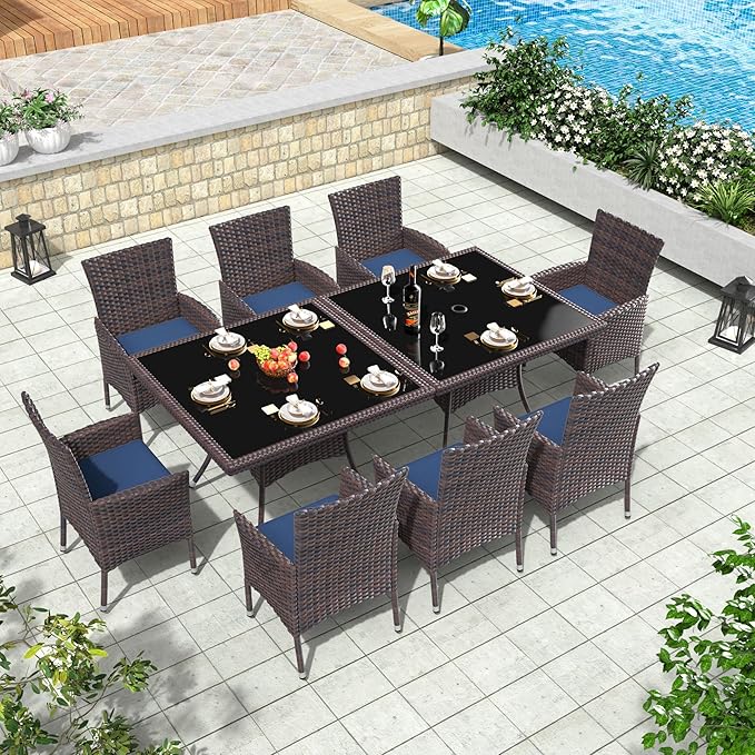 10 Piece Outdoor Dining Set,Rattan Patio Conversation Set of 8 Chairs,Patio Dining Table and Chairs w/Cushions,Square Glass Tabletop,Umbrella Cutout for Patio,NavyBlue