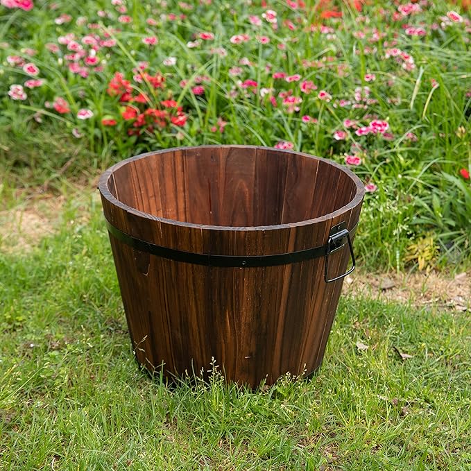 Rustic Wooden Whiskey Barrel Planter with Durable Medal Handles and Drainage Hole - Perfect for Indoor and Outdoor Plants, Herbs, and Vegetables - Medium