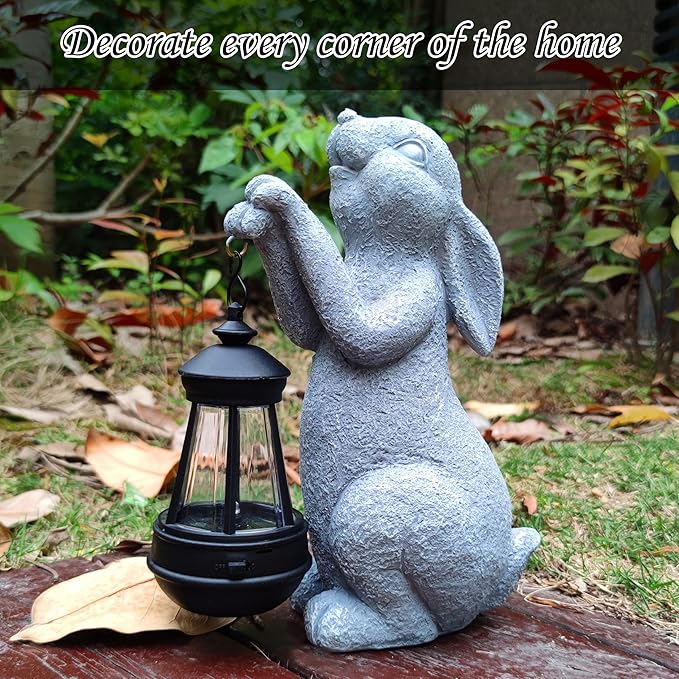 Qobumy Rabbit Solar Garden Statues,Resin Rabbit Figurine Decorations with Solar Lights Lantern, Outdoor Figurines Lawn Garden Statue Decor Art for Lawn,Yard, Balcony Ornament.