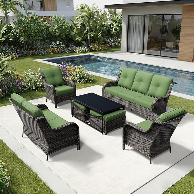 Joyside 7 Piece Wicker Patio Furniture Set, Rattan Patio Chairs with High Back, Deep Seating, Wide Armrest, Thickened Cushions, Outdoor Furniture for Deck, Porch Use