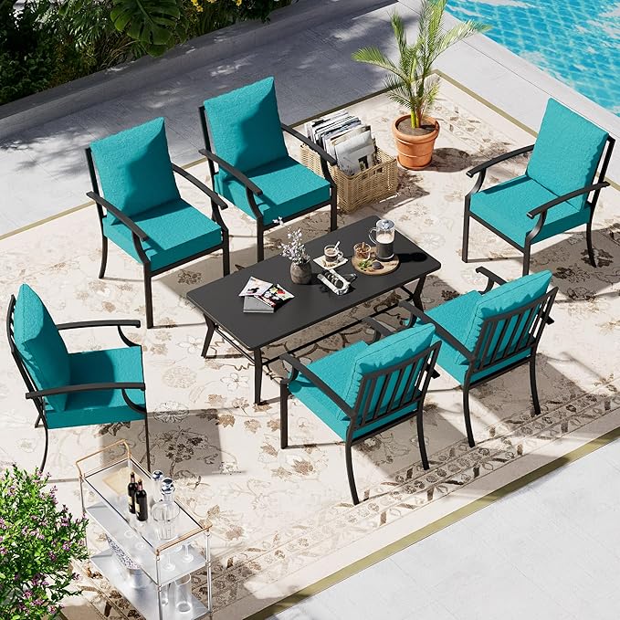 7-Piece Patio Furniture Set, Outdoor Furniture with All-Iron Rectangular Coffee Table and 6 Chairs with Thick Cushions, Metal Patio Table and Chairs Set for lawns, Patios and Backyards,Blue