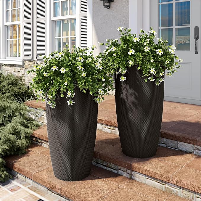 Vigo huseeo 22" Tall Planter Set of 2, Large Self Watering Pots for Indoor/Outdoor Plants with Drain Holes, Water Level Monitor, Inner Bucket for Front Porch Patio, Brown Rattan Conical