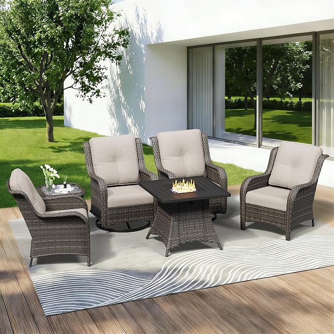 6 Pieces Outdoor Wicker Patio Furniture Set with Fire Pit Table, Patio Chair Set with Thickened Olefin Cushions, High Back and Deep Seating, Hand-Woven PE Rattan for Porch, Deck
