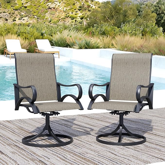 Patio Swivel Chairs Set of 2, All-Weather Metal Outdoor Dining Set with Breathable Mesh Seat, Lightweight Swivel Bistro Chairs for Garden, Deck, Porch, Ash Brown