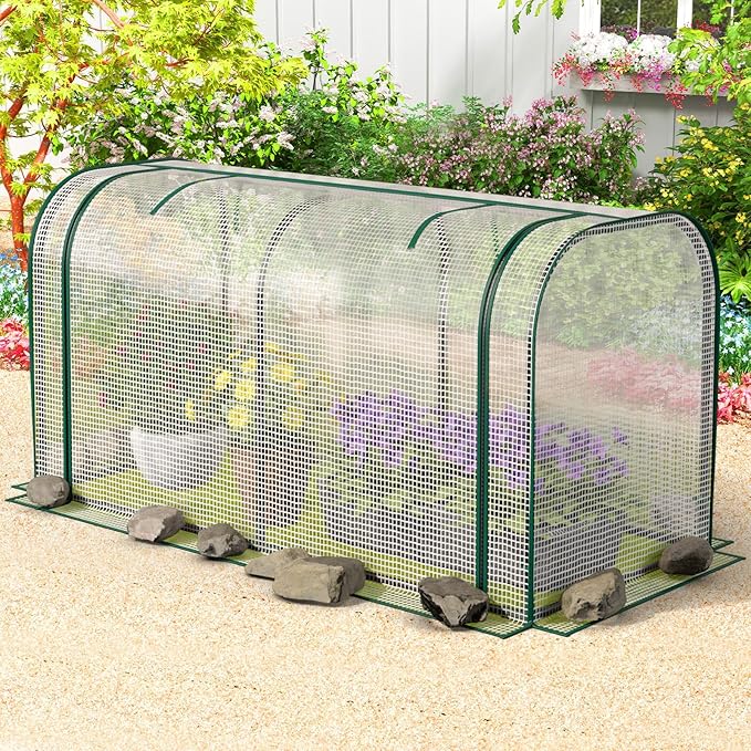 Toolsempire Raised Garden Bed with Greenhouse, Waterproof Sun-Protective Green House with Roll-Up Door & Electroplated Metal Frame, Fir Wood Elevated Planter Box with Drainage Holes(White+Natural)