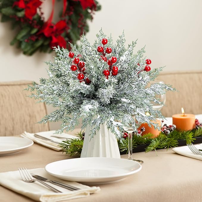 45 Pcs Artificial Christmas Snow Pine Branches with Red Berry Stems, Snowy Faux Greenery Norfolk Pine Cypress Leaves Stems, Berries White Frosted Fake Foliage Pines Needle Picks for Garland Home Decor