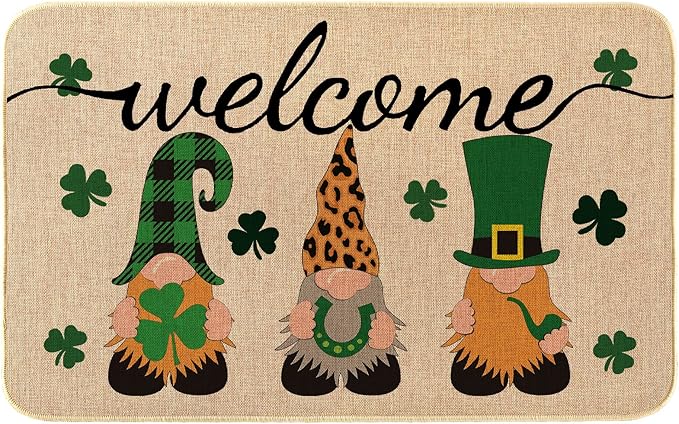 St. Patricks Day Door Mat Lucky Shamrocks Gnome Welcome Floor Mats Indoor Outdoor Rugs Saint Patrick's Day Decorations Kitchen Front Door Bathroom Rug Irish Doormats 17 x 30 Green