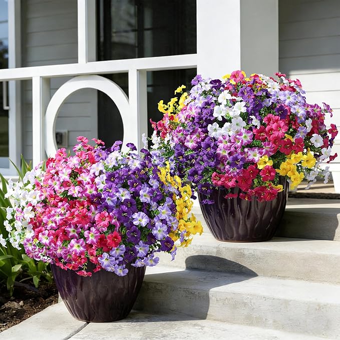 Artificial Flowers for Outdoors Decoration, 20 Bundles Faux Morning Glory with Eucalyptus Look Real UV Resistant Fake Plants Silk Flowers for Outside Yard Gardens Porch Patio Planter Home Urn, Mix