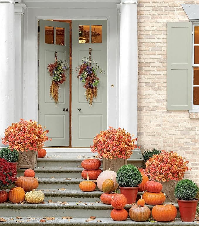 florisso Artificial Fall Flowers Fake Mums for Outdoor Autumn Decoration, 12 Bundles Faux Silk Orange Yellow Mums Daisy Look Real UV Resistant for Outside Home Porch Patio Planter