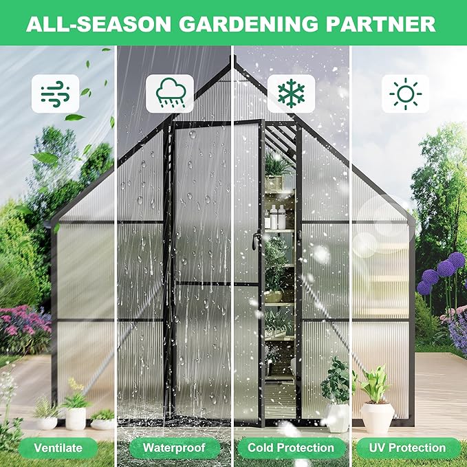 8 ft x16 ft Aluminum-Framed Polycarbonate Greenhouse, Heavy Duty Polycarbonate Greenhouse with Quick Setup Structure and Roof Vent, Large Enhanced Aluminum Green House Kit for Outdoors