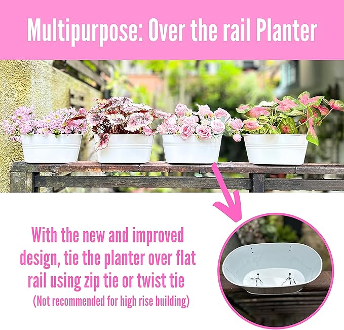 LaLaGreen Rail Planter Outdoor Plants (12 Pack, 11.8 Inch) White Metal Iron Hanging Flower Pots Deck Railings Fence Buckets Modern Countryside Boho Style Wall Mount Window Box Holder Hooks Porch Decor