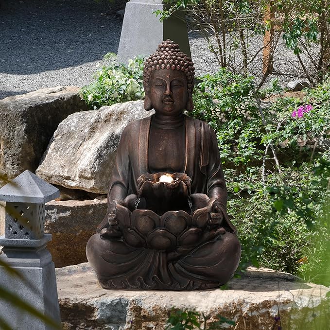 Glitzhome Buddha Fountain with Pump & LED Light, 2 Tier Zen Style Meditating Buddha Water Fountain Outdoor Fountains and Waterfalls Floor Fountains Buddhas Statues for Garden Patio Backyard 23.25" H