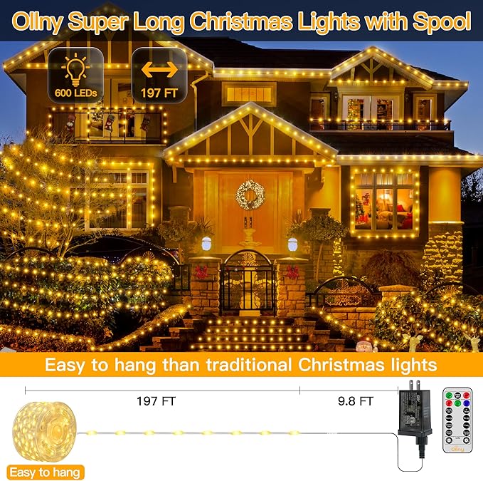 Ollny Christmas Lights Warm White, 600LED 197FT Christmas Tree Lights IP67 Waterproof, Plug in Fairy Lights with Remote 8 Modes Timer, Xmas Light for Outdoor Indoor House Holiday Decor (Pack of 2)