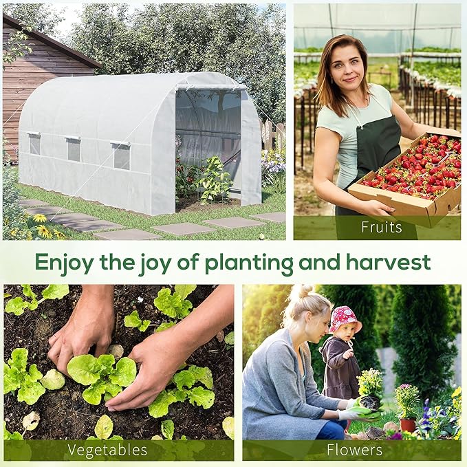 Outsunny 15' x 7' x 7' Walk-in Tunnel Greenhouse, Large Garden Hot House Kit with 6 Roll-up Windows & Roll Up Door, Steel Frame, White