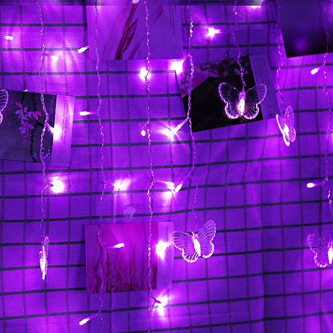 Decorman Butterfly Curtain Lights, 4.9ft 48 LED USB Window Fairy Lights 10 Butterflies 8 Modes Firefly Twinkle String Lights for Room Bedroom Wall Ceiling Party Wedding Christmas (Purple)