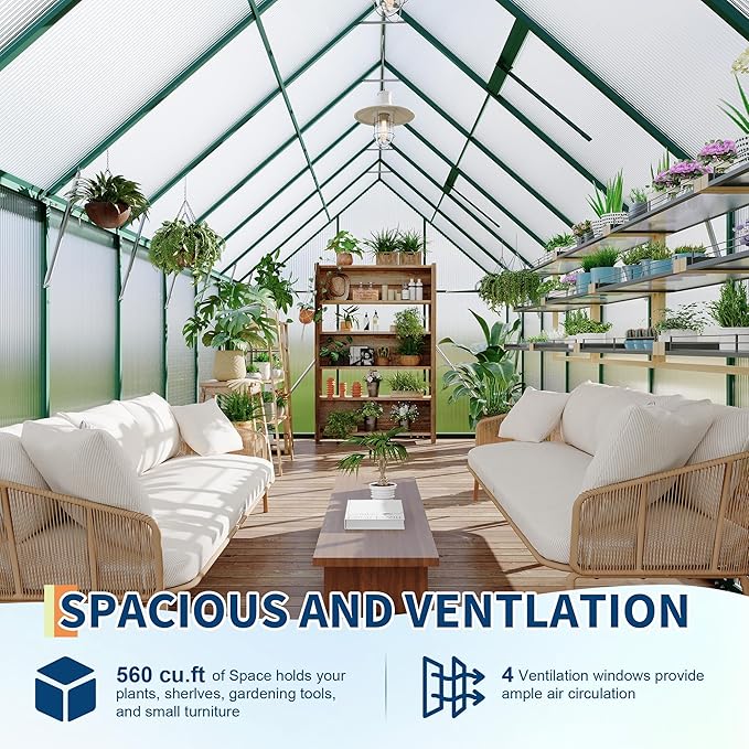 8X16 ft Polycarbonate Greenhouse with Aluminum Frame, Polycarbonate Greenhouse for Outdoors, Greenhouses with Ventilation and Rain Gutter, Aluminum Large Walk-in Greenhouses for Outside