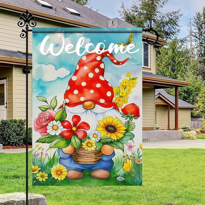 Easter Garden Flag 12x18 Inch Double Sided Cute Gnome Garden Flags Spring Gnome and Flowers Theme Yard Flag Polyester Yard Decoration for Outdoor Lawn and Patio