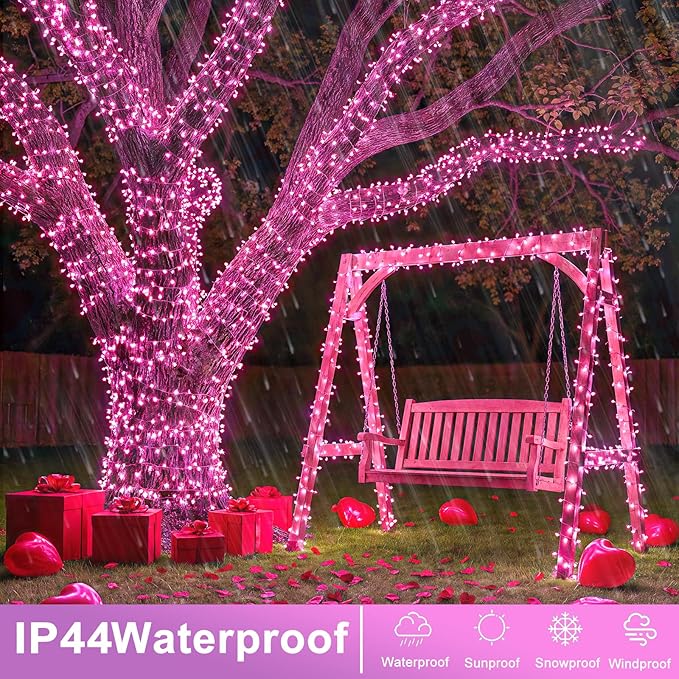132 FT 400 LED Pink String Lights Indoor, Pink Valentines Day Lights with 8 Modes Clear Wire Waterproof, Plug in Fairy Lights for Bedroom Valentines Day Wedding Holiday Party Tree Decorations