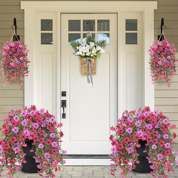 Artificial Fake Hanging Flowers Plants for Outdoor Outside Spring Summer Decoration 2PCS Faux Silk UV Resistant Realistic Mums Daisy with Eucalyptus for Home Porch Patio Balcony(Hot pink & Magenta)