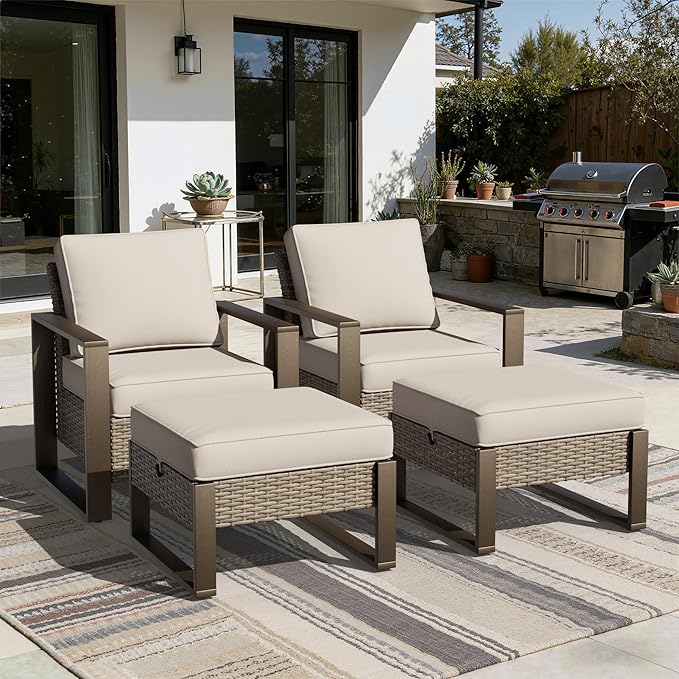 Joyside Outdoor Patio Chairs, 4 Pieces Wicker Rattan Furniture Set, 2 Patio Chairs and 2 Ottoman, Metal Wide Armrest, Thick Cushions and Deep Seating for Garden, Backyard, Porch, Deck