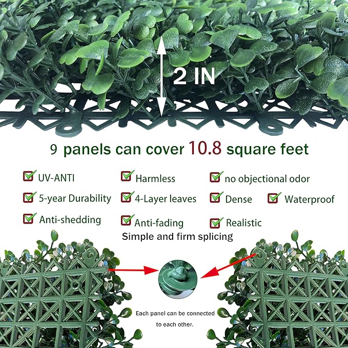 ODTORY Artificial Grass Wall Panels Backdrop: 40"x40" (10.8 sqft) UV-Anti New Bottom Plate Greenery Boxwood Panels for Indoor Outdoor Green Wall Decor & Ivy Fence Covering Privacy