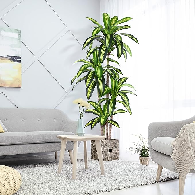 Ferrgoal Artificial Plants, 6 Ft Dracaena Tree Faux Plants Indoor Outdoor Decor Fake Tree with Woven Seagrass Basket Plants for Home Decor Office Living Room Porch Patio Housewarming
