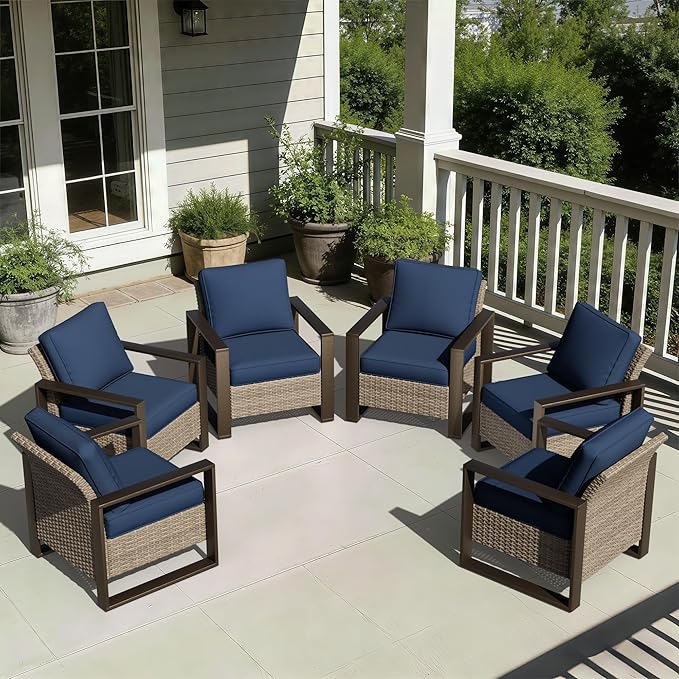 Joyside Outdoor Patio Chairs Set, 6 Pieces Wicker Rattan Chairs with Metal Wide Armrest, Thick Cushions and Deep Seating for Garden, Backyard, Porch, Deck