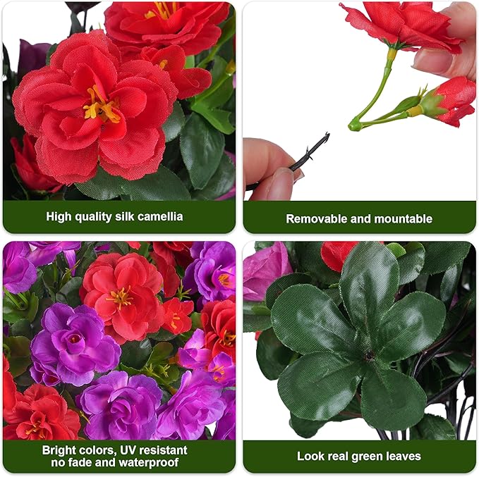Artificial Fake Outdoor Flowers Plants, Faux Silk Camellia Bundles UV Resistant No Fade Realistic for Planter Pot Outside Porch Patio Balcony Garden Yard Home Decor, 3 Large Bundles (Red +Fuchsia)