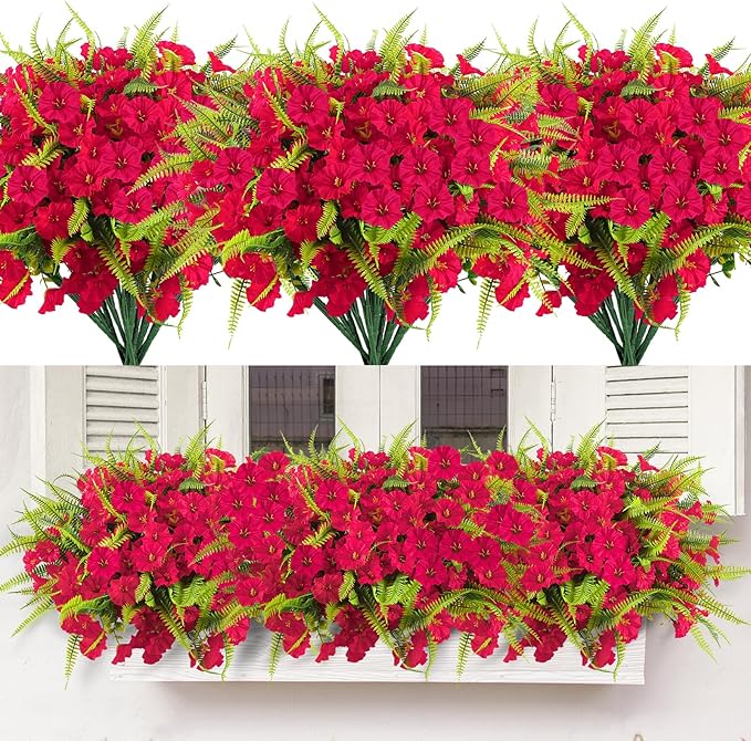 HIAGROW Artificial Flowers Outdoors 12 Bundles Artificial Petunias Fake Flowers UV Resistant Shrubs Plants with Fern for Indoor Outside Hanging Planters Home Garden Summer Decorations(Rose Red)