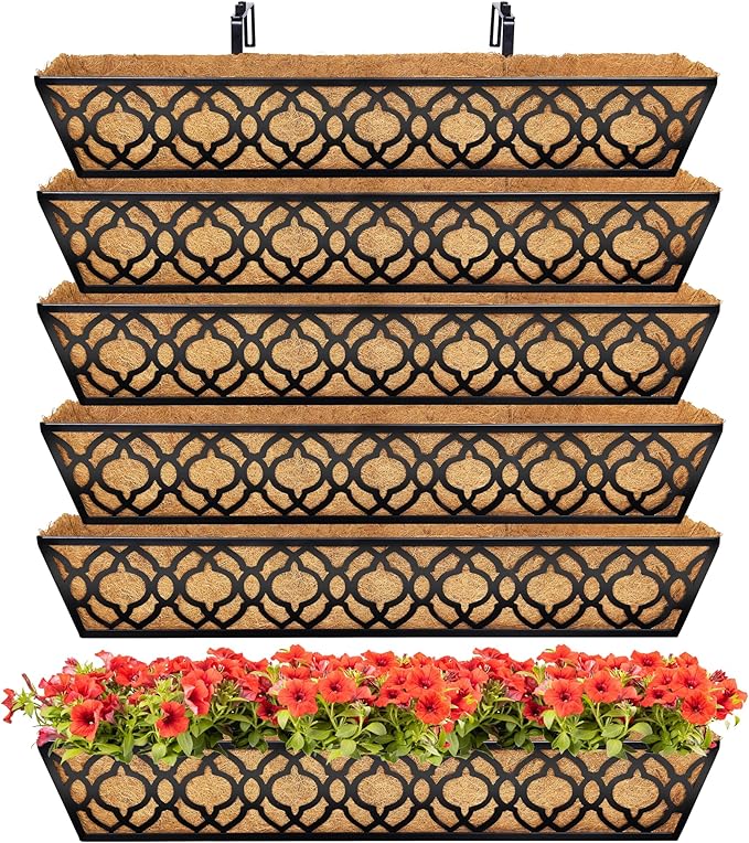 Y&M 30 Inch Window Deck with Coco Liner, Fence Metal Hanging Flower Planter Window Basket Deck Railing Planter Boxes for Outdoor Garden Lawn,6pcs