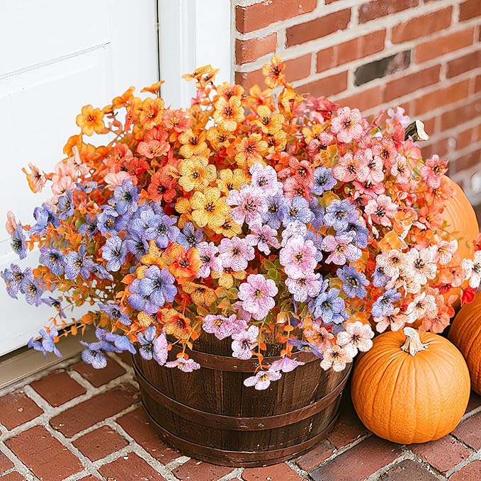 florisso Artificial Fall Flowers Fake Mums for Outdoor Autumn Decoration, 12 Bundles Faux Silk Orange Yellow Mums Daisy Look Real UV Resistant for Outside Home Porch Patio Planter (Fall-6multicolor)
