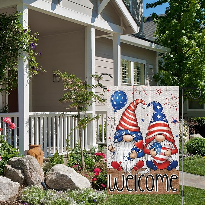 4th of July Garden Flag 12x18 Double Sided Vertical Small Burlap Welcome Patriotic Gnome Independence Day Memorial Day Yard Outdoor Decoration