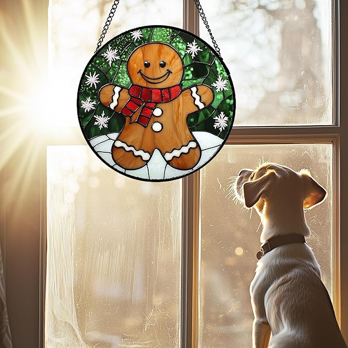 Stained Glass Window Hanging Cute Christmas Gingerbread Man Snowflake 9.8" - Suncatcher Door Garden Sun Catcher Home Decor Birthday for Mom Men Woman Nana Friend