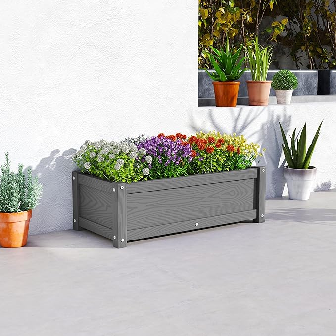 HDPE Planter Box, All-Weather Outdoor Garden Bed Easy to Assemble, Drainage System, Low Maintenance, Non-Fading, for Flower/Herb/Seed (Gray)