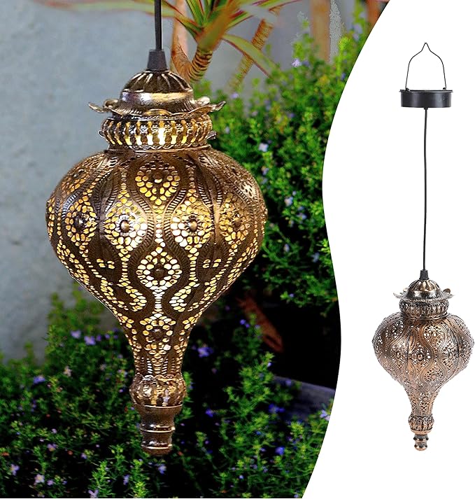 Moroccan Solar Lanterns Outdoor Waterproof Bronze Hanging Lanterns Outdoor Ramadan Garden Decor Gardening Gifts for Women Mom Grandma Solar Lights for Patio, Pathway, Yard, Porch, Backyard.