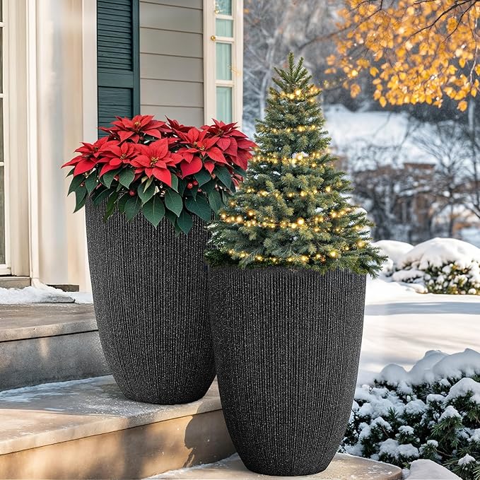 Ultym 19" H Mediterranean Planter for Indoor/Outdoor Plants, Set of 2 Large Flower Pot with Drainage Hole, Weather/UV Resistant Resin Planters for Garden Patio Porch Home Office Decor, Black Fluted