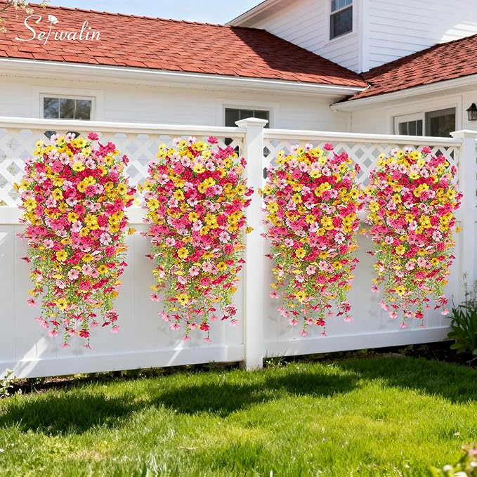 Serwalin 6PCS Artificial Fall Flowers for Outdoors Decoration, Realistic Silk Artificial Fall Hanging Flowers for Patio, Garden, Porch, Window, Outside (Yellow, Hot Pink & Pink,6PCS)