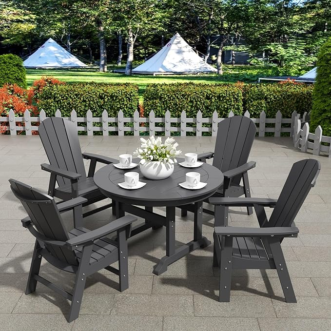 WestinTrends Malibu 5 Piece Adirondack Patio Dining Set, All Weather Poly Lumber Outdoor Table and Chairs Furniture Set, 47" Trestle Round Dining Table and 4 Adirondack Dining Chair, Gray