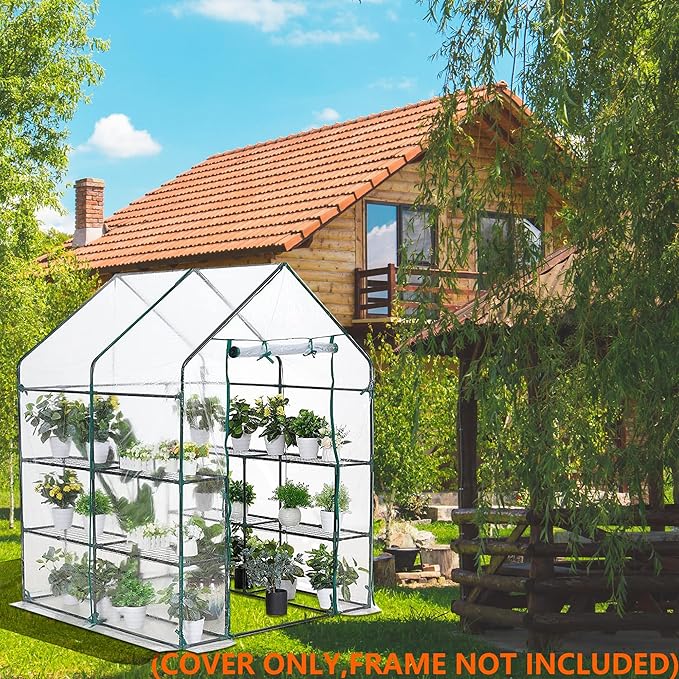 Greenhouse Cover Replacement, 56×56×76 Inches PE Walk-in Greenhouse Cover for Gardening Plants w/Roll-Up Zipper Door, Waterproof Wind Rain Proof Frost Protection , Easy Assembly (No Frames Include)